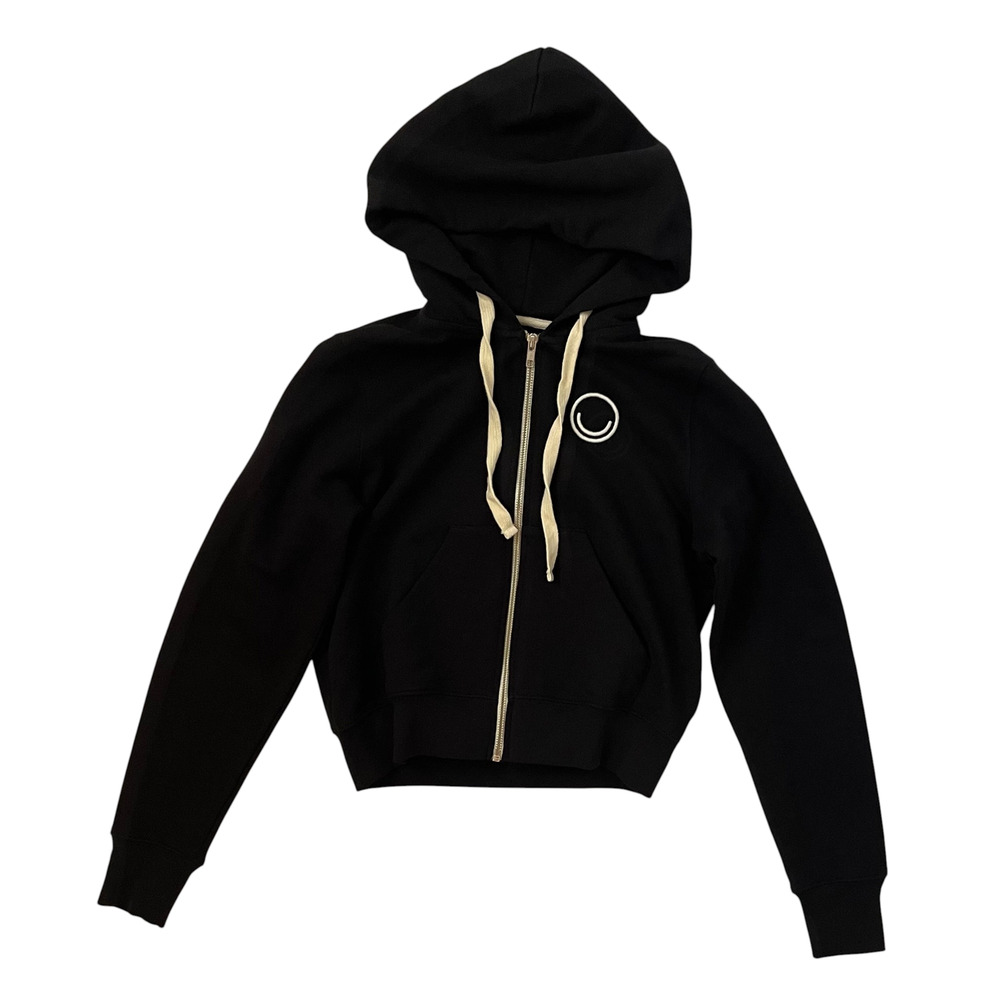 NWT FOR DAYS Terry Logo Cropped Full Zip Hoodie - Black - Smiley Face - Size S